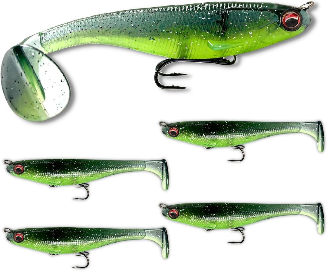 USA Bass Tackle Mag Shad - Scent Infused Magnum Paddle Tail Swimbaits Pre Rigged Fishing Lures Premium Bait with Strong Owner Hook, Fishing Gear for Giant Predator Fish (1/3oz - 3.5", Chart Electric Blue)