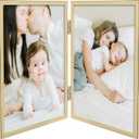 Golden State Art, Light Gold 6x8 Hinged Double Metal Frame - Floating Effect for 5x7, 4x6 or any Smaller Photos with Real Glass for Protection - Elegant Desktop Decor for Home or Office