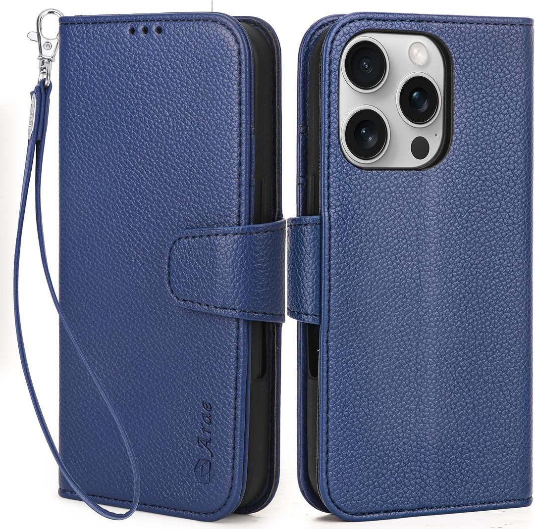 Arae Compatible with iPhone 16 Pro Case Wallet with Card Holder, Wristlet Strap Wallet Flip Cover for iPhone 16 Pro 6.3 inch Men/Women, RFID Blocking, Kickstand,Litchi Blue