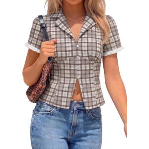 Tankaneo Womens Puff Sleeve Plaid Shirts Gingham Tops Y2k Summer Button Down Blouse Trendy Cute Fitted Going Out Tops (Brown)