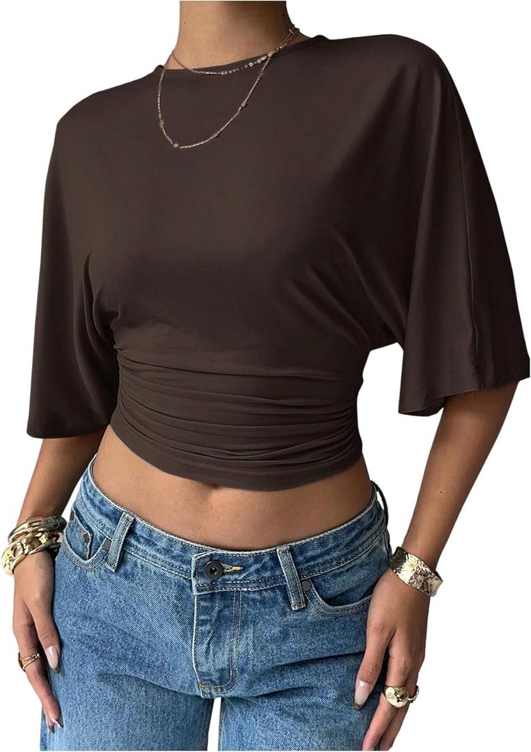 Verdusa Women's Half Sleeve Cinched Waist Tops Ruched Crew Neck T Shirts Going Out Crop Tops (Medium, Coffee Brown)
