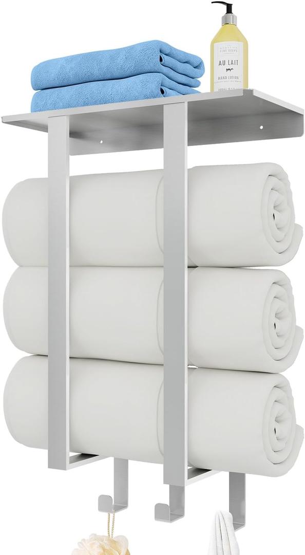 Towel Racks for Bathroom, BETHOM Towel Rack Wall Mounted with Shelf and 3 Hooks, Towel Storage for Small Bathroom for Rolled Bath Towels, Brushed Nickel (Square Tube)