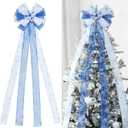 Christmas Tree Topper, Bow Large Christmas Bow Tree Topper, for Xmas Ornament Holiday Home Wedding Thanksgiving Indoor/Outdoor Decoration (Blue White)