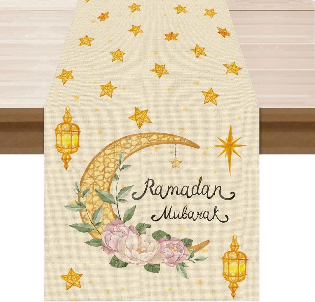 XCHI Watercolor Stars and Moon Flowers Lantern Ramadan Mubarak Table Runner Table Decoration for Party Home Kitchen Dining Holiday Decor 13x90 Inch