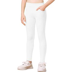 Girls Leggings Cotton Pants Stretchy Tight Toddler Basic Casual Legging with Pockets 5-13years (White)