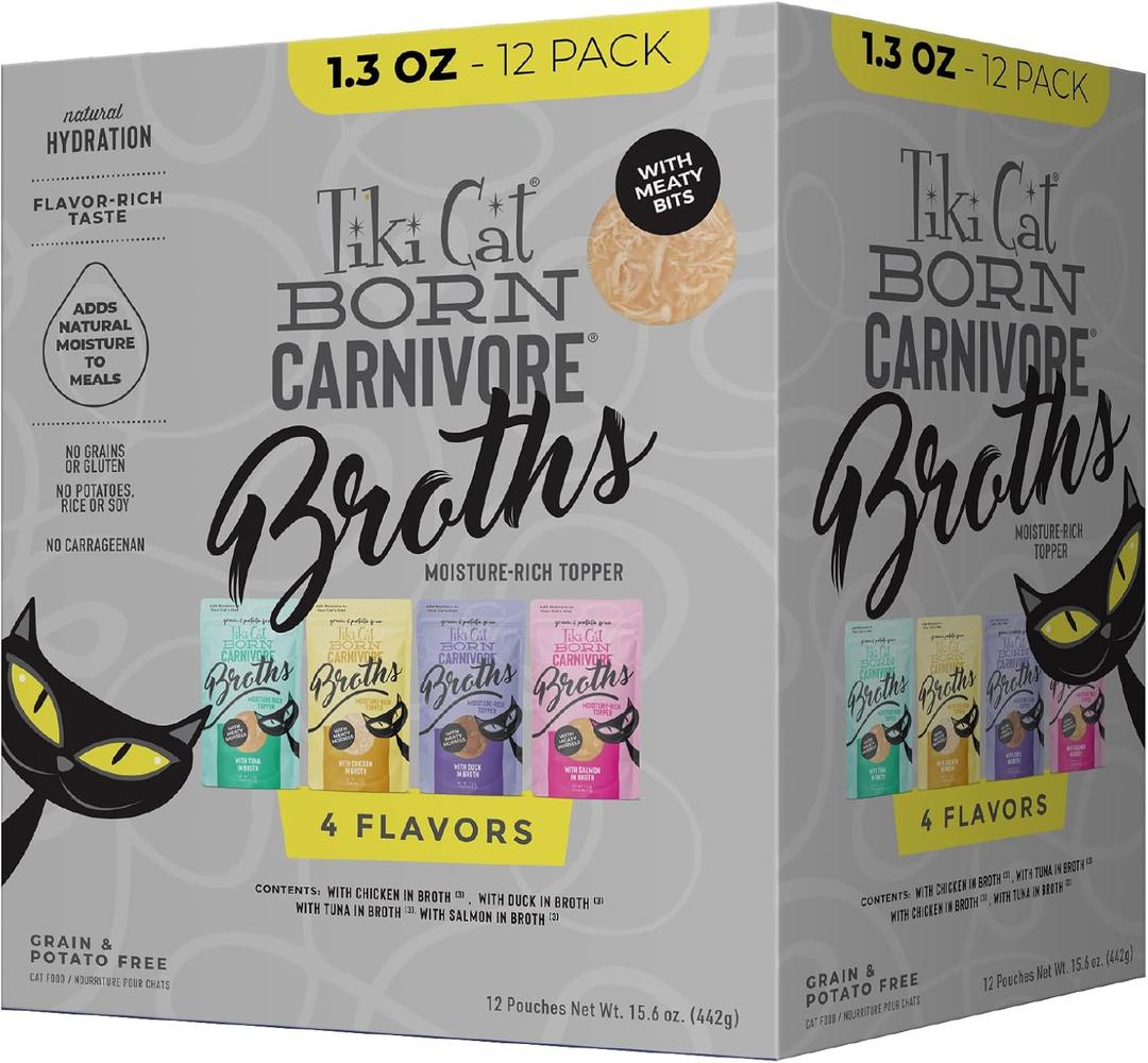 Tiki Cat Born Carnivore Broths Variety Pack, Meaty Bites, Hydration and Flavor Supplement Wet Cat Food Topper, 1.3 oz. Pouch (Pack of 12) Tiki Cat Born Carnivore Broths Variety Pack, Meaty Bites, Hydration and Flavor Supplement Wet Cat Food Topper, 1.3 oz. Pouch (Pack of 12)