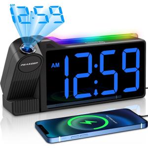 Peakeep Projection Alarm Clock for Bedroom Ceiling 180 Rotatable, Loud for Heavy Sleepers, Colorful Nightlight, 5 Brightness Dimmable Large Number Bedside Electric LED Digital Clock with USB Port (Blue Digits; Blue Projection)