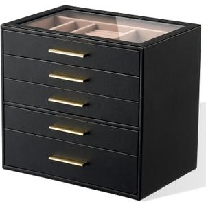 pickpiff Jewelry Box Organizer Case for Women: 5-Layer Jewelry Storage Case with Glass Window, Black Leather with Blush Velvet, Holder for Ring Necklace Bracelet Brooch Watch, Great Gift for Her