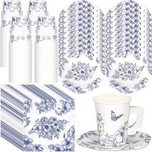 Vesici 150 Pcs Floral Tea Party Decorations for Table 9 oz Disposable Paper Tea Cups with Handles Plates, Saucers and Napkins Set for Spring Party Girl Birthday Wedding Mothers Day(Charming Style)