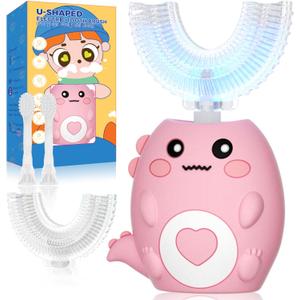 Kids U Shaped Electric Toothbrush, with 3 Cleaning Modes, with 4 Brush Heads, 360 Sonic Automatic Toothbrush, IPX7 Waterproof Cartoon Dinosaur Design (Ages 2-12) (Pink)