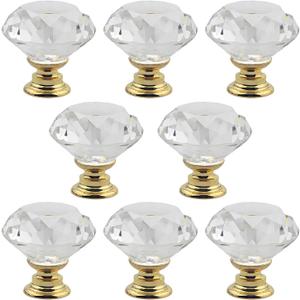 8 Pack Crystal Cabinet Knobs Pulls, 30mm Diamond Glass Gold Decorative Kitchen Cabinet Handles for Dresser Drawer, Bedroom Wardrobe Pulls Bathroom Desk Knobs (8 Pack Gold Base)