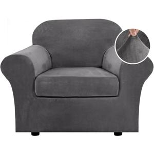 H.VERSAILTEX Rich Velvet Stretch 2 Piece Chair Cover Chair Slipcover Sofa Cover Furniture Protector Couch Soft with Elastic Bottom Chair Couch Cover with Arms Width Up to 49 Inch(Chair,Grey)