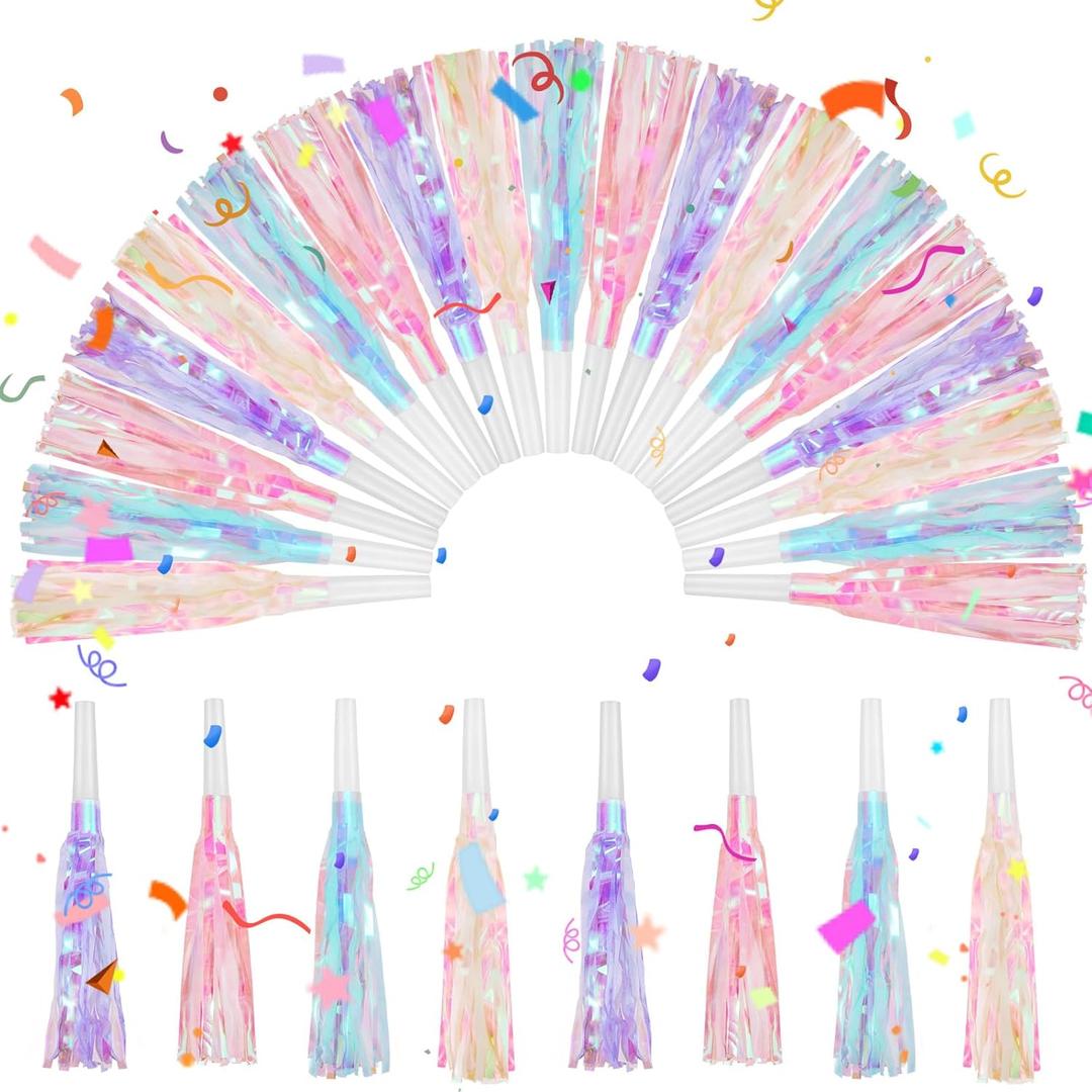 24 Pcs Party Blowers Glitter Iridescent Mermaid Unicorn Princess Noise Makers Metallic Fringed Horns Bulk for Graduation Birthday Favors Kids Decor(Pink, Purple, Blue, White)