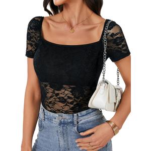 Rooscier Women's Square Neck Lace Floral Sheer See Through Short Sleeve Sexy Blouses Top (S)