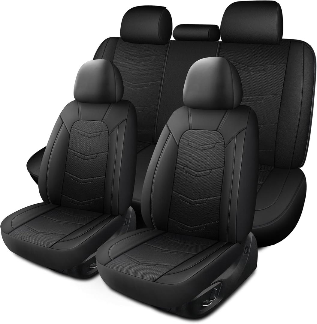 Car Seat Covers Full Set, Leather Car Seat Covers, Breathable and Sporty Car Seat Cover, Universal Fit Anti-Slip Seat Covers for SUV Cars Sedan and Truck(Full Seat,Black,N2)