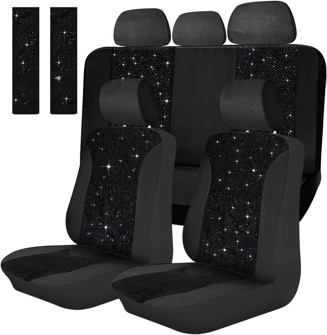 Tallew Car Seat Cover Full Set Bling Velvet Chair Cover for Women Breathable Vehicle Chair Protector Black Mesh Auto Seat Cover Universal Fit for Most of Sedan SUV Truck Minivan Airbag Compatible
