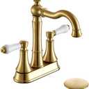 Roffenny Porcelain 2-Handle Brushed Gold Bathroom Faucet 4 inch Centerset with Plastic Pop-up Drain, Classical Gold Bathroom Vanity Sink Faucets for 3 Holes, High Arc 360° Swivel Brass Spout
