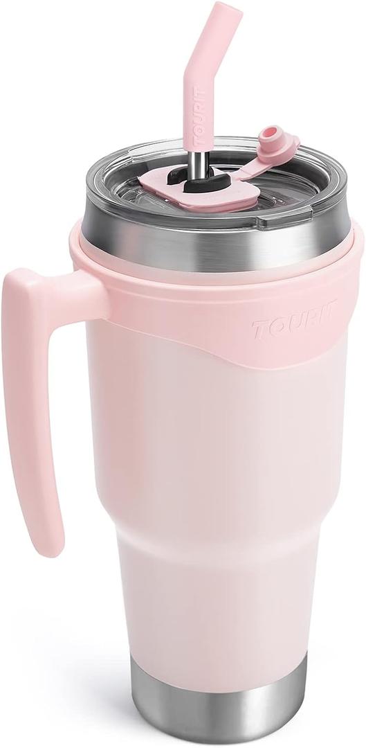 TOURIT 40 oz Tumbler with Handle and Straw, 3 in 1 Sip-All-Way Lid Insulated Tumblers, Reusable Stainless Steel Water Bottle for Keep Cold 34Hs or Hot 10Hs, Gifts for Women Men, Pink
