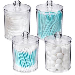 WEISHI 4 Pack Qtip Holder Dispenser - Cotton Ball, Swab, Round Pads, Floss , Small Clear Plastic Apothecary Jar Containers with Lids for Bathroom Storage and Organization, Vanity Organizer