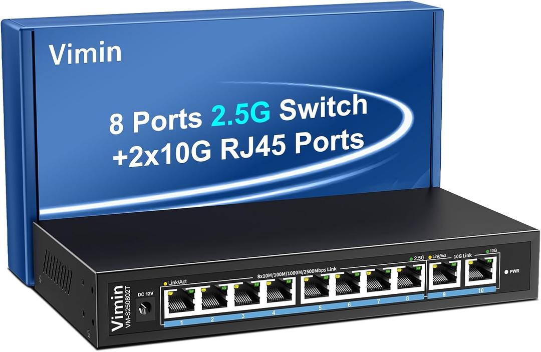 10-Port 10G/2.5G Ethernet Switch with Dual 10GBASE-T, Vimin 8X 2.5G +2 x 10Gb RJ45 Ports Unmanaged Switch, 80Gbps Capacity, 10G Switch Desktop/Wall Mount Network Switch for NAS, PC, Wireless AP