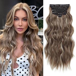 Clip in Hair Extensions for Women, 6PCS Long Wavy Curly Clip on Hair Extensions 20 Inch Medium Brown Mixed With Ash Blonde Synthetic Hairpieces