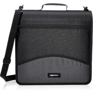 Amazon Basics Durable 3 Ring Binder with Zipper and Strap, Multiple Pockets, Sturdy Storage for School and Office, 3 inch, Black