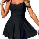 ZAFUL Women High Waisted Tummy Control Swimdress Two Piece Swimsuit Sleeveless Ruched Cute Modest Bathing Suits Beach Outfits (Large, A02 Black)