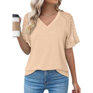 Dokotoo Womens Summer Short Sleeve Shirts Dressy Lace Tops 2026 Casual T-Shirts Cute Work Outfits Blouses (White)