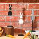 3 Pcs Easter Bunny Table Decorations Farmhouse Wooden Bunny Tabletop Centerpieces Black and White Rabbit Tall Standing Sign Block Rustic Easter Decorations for Table Home Indoor Desk Shlef