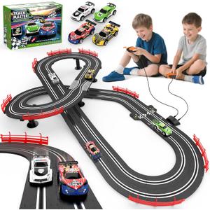 3-in-1 Slot Car Race Track Set with 4 High-Speed Cars, Electric Track, Dual Racing Game with Lap Counter & 2 Controllers, and Circular Overpass Design  Toy Gift for Boys Kids Ages 4-6 6-8 8-12