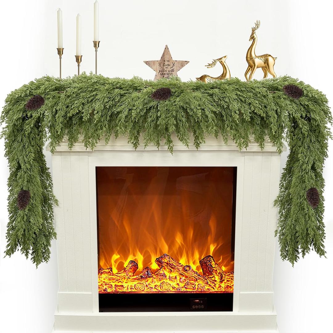 6FT Artificial Cedar Christmas Garland for Mantle Christmas Decorations Real Touch Realistic Greenery Faux Pine Garlands for Xmas Home Decoration Fake Winter Indoor Outdoor Garland Door Decor
