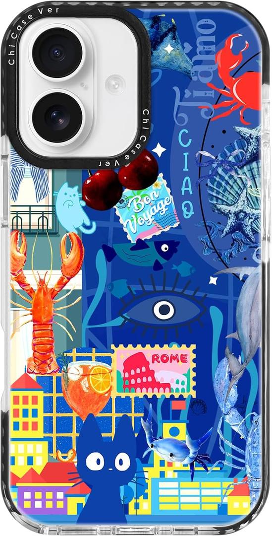 for iPhone 16 Plus Case Travel Adventure Collage Pattern Military Grade Drop Protection Voyage Slim TPU Cover with Camera Protection for Women Girls Travel Lovers (BlueRome)