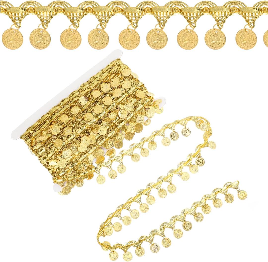 2 Pack 10 Yards Gold Coin Shape Sequin Fringe Trim, Sequins Lace Tassel Gold Trim, 1.37 Inch Width Sequins Fringe for Clothes Decoration, Party Accessories, Sewing Crafts