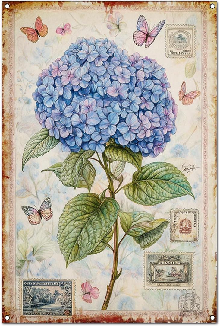 Original Vintage FlowersTheme Wall Art Print Poster, Funny Retro Classic Art Wall Decoration, Garage/Man Cave/Room Tin ​Metal Signs Artwork (D - Blue Hydrangea, 12" x 8" x 0.08", Unframed)