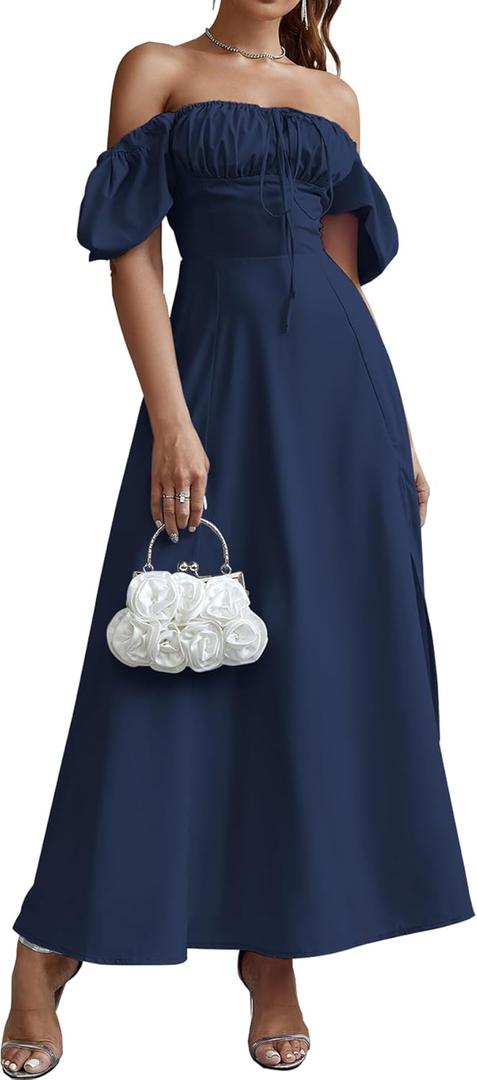 Women's Summer Puff Sleeve Floral Split Maxi Dress Flowy A Line Casual Beach Long Dresses 2025, Large