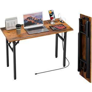 TEMI Small Computer Desk Folding Table - No Assembly, Compact 44.3" Foldable Desk with Power Outlets & USB Charging Port, Portable Small Office Desk, Ideal Mini Study Table for Narrow Spaces, Brown, 43.3 Inch