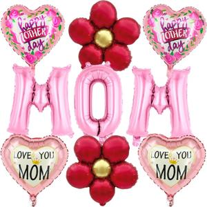 Mothers Day Balloons 16 Inch Pink MOM Letter Balloons Flower Balloons Heart Balloons Mother's Day Foil Balloons for Mothers Day Decorations