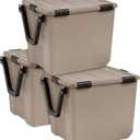 IRIS USA 3-Pack WeatherPro Gasket Box, 106 Quart Weather Resistant Storage Bins with Latching Lids, Heavy Duty Organizing Containers for Closet, Bathroom, and Office - Tan