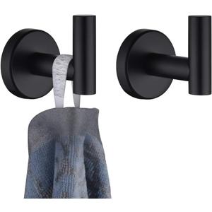 JQK Black Bathroom Towel Hook, Coat Robe Clothes Hook for Bathroom Kitchen Garage Wall Mounted (2 Pack), 304 Stainless Steel Matte Black, TH100-PB-P2