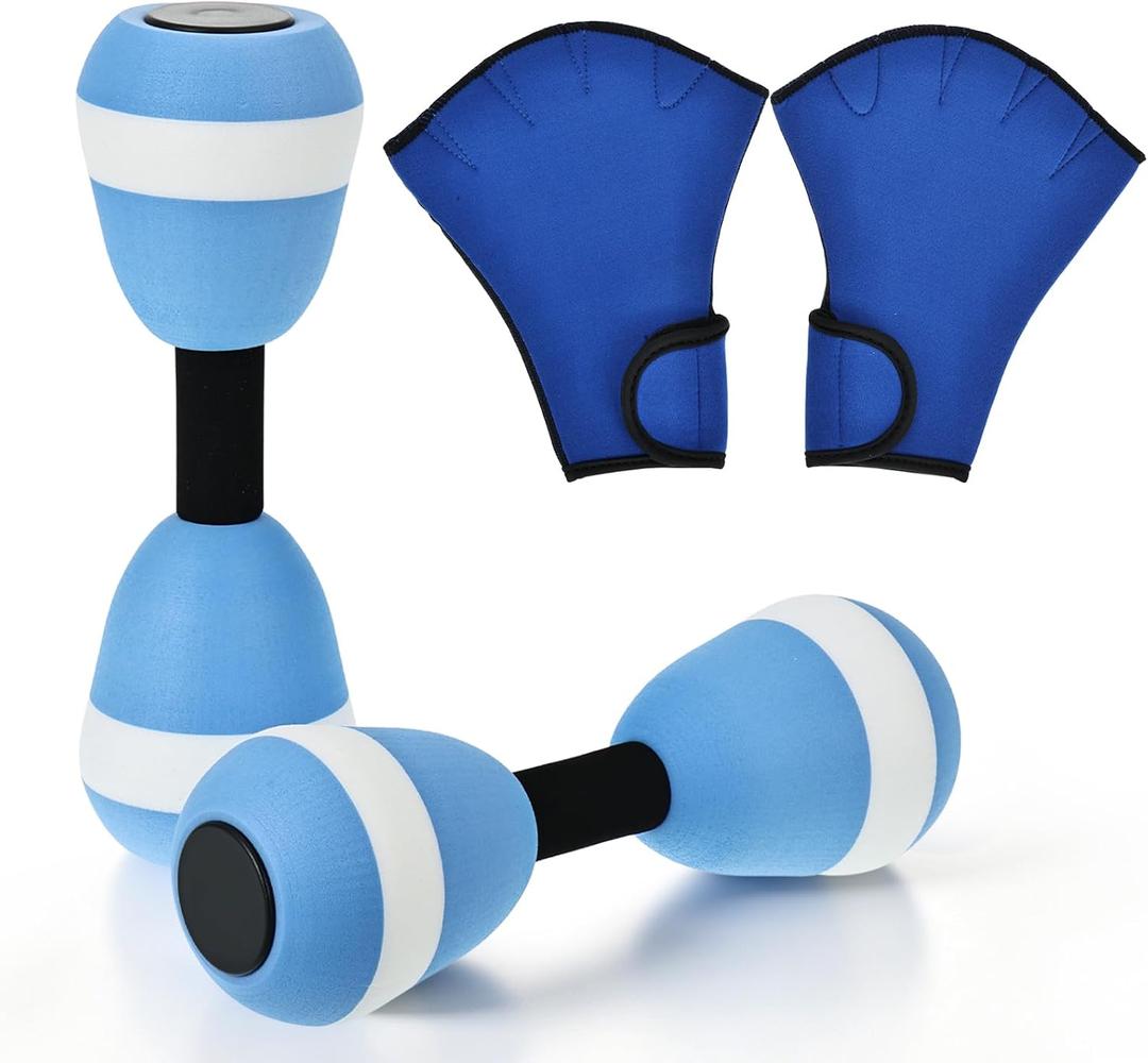 2 x 4 Pcs Water Aerobics Set for Aquatic Exercise Includes 2 Foam Dumbbells and 1 Pair of Swimming Aquatic Gloves Pool Resistance Fitness Weights Equipment for Training Water Workout, Blue