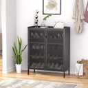 Shoe Cabinet, 20 Pair Farmhouse Shoe Organizer Cabinet, Freestanding Bamboo Wood Shoe Storage Cabinet with Grille Doors, 5-Tier Narrow Shoe Cabinet for Entryway Hallway, Black, 31.49"W X 13.78"D X 39.37"H
