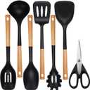QMVESS Silicone Cooking Utensils Set, Kitchen Utensils Set 7 Pcs with Long Wooden Handle, Food Grade and Heat Resistant Large Silicone Spatula Set for Nonstick Cookware, BPA FreeBlack