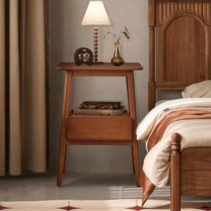 Nightstand with USB Charging Port and Drawers Display Cabinet for Bedroom Bamboo Bedside Tables 21.9x15.8x14.2in Night Stands Bed Side Table (Walnut)