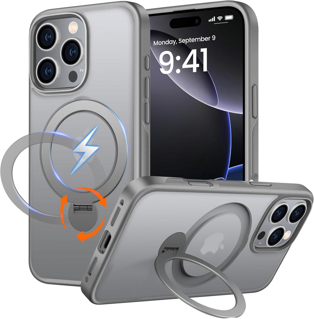 360 Rotatable Magnetic Stand for iPhone 16 pro Case Compatible with Magnetic 16FT Military Drop Protection, Anti-Scratch/Fingerprint Shockproof iPhone 16 pro Phone Case(Matte-Grey)