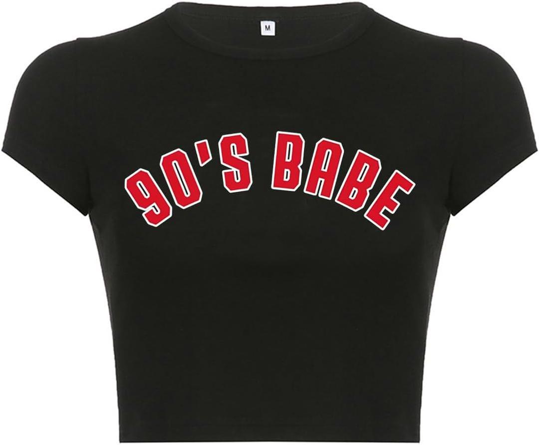 I Heart Top y2k Graphic Baby Tees Summer Crop Top for Women (Large, 14 90's Babe Black)