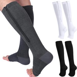 Nuanchu 3 Pairs Open Toe Zipper Compression Socks 20-30mmhg Zipper Compression Toeless Knee High Socks for Men Swelling Edema(XL,Black, White, Dark Gray)