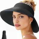 Ducclucc Sun Visor Hats for Women Wide Brim Straw Ponytail Summer Beach Hat UV UPF Packable Foldable Travel (US, Alpha, One Size, Black) at Amazon Womens Clothing store