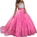 Princess Hot Pink Long Girls Pageant Dresses Kids Prom Puffy Tulle Ball Gown US 6