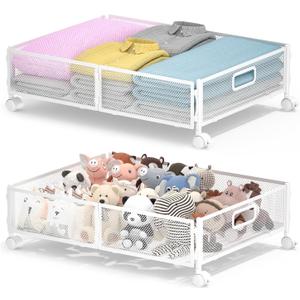 Under Bed Storage with Wheels, Rolling Under Bed Storage Bins for Shoes Clothes, Foldable and Easy Mobility (2 Pack, White)