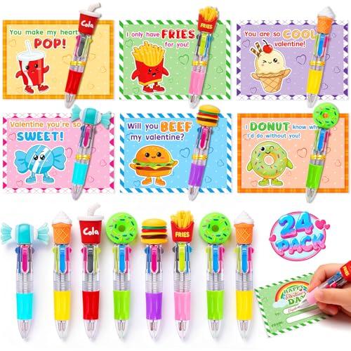 Valentines Day Gifts for Kids Classroom, 24 PCS Kids Valentines Day Cards with Multicolor Ballpoint Pens, Ideal for School Valentines Gifts Exchange, Valentine Party Favors Prize Supply for Boys Girls